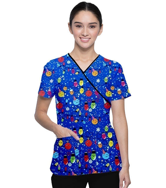 Interlock Stretch Happy Lights Print Scrub Set Mock Wrap With Black Piping 5 Pocket Half Sleeves (Top 3 Pockets With Bottom 2 Pockets Boot cut) (100% Polyester)