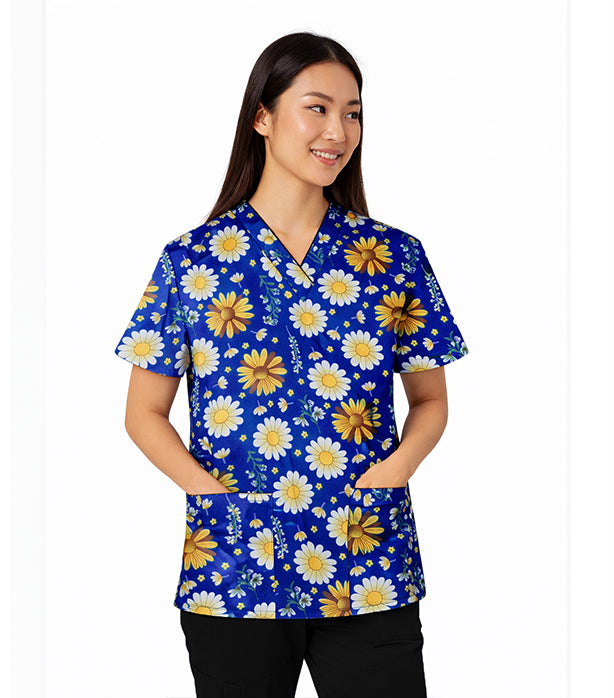Printed Scrub Set SunFlower Print 4 Pockets Ladies Half Sleeves (2 Pockets Top and 2 Pockets Pant)