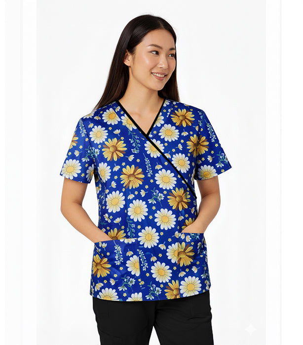 SunFlower Print Scrub Set Mock Wrap With Black Piping 5 Pocket Half Sleeves (Top 3 Pockets With Bottom 2 Pockets Boot cut)