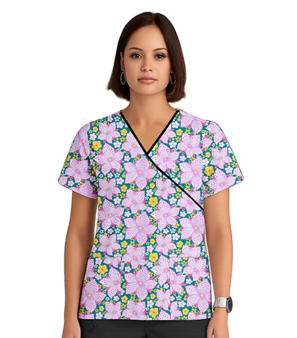 Poplin Women Pink & Yellow Blossom Print Scrub Top mock wrap 3 pocket half sleeve with black piping
