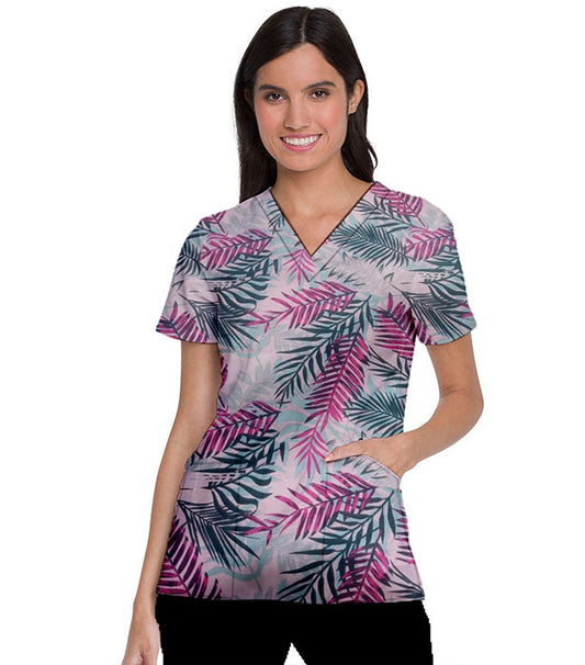 Pink leaves Print Scrub Set 4 Pockets Ladies Half Sleeves (2 Pockets Top and 2 Pockets Pant)