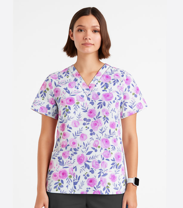 Printed Scrub Set Blue Leaves and Pink Flower Print 4 Pockets Ladies Half Sleeves (2 Pockets Top and 2 Pockets Pant)