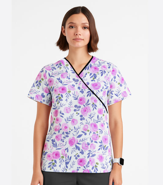 Blue Leaves and Pink Flower Print Scrub Set Mock Wrap With Black Piping 5 Pocket Half Sleeves (Top 3 Pockets With Bottom 2 Pockets Boot cut)