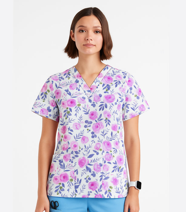 Poplin Women Blue Leaves and Pink Flower Print Scrub Top V Neck - 2 Pockets, Half Sleeves