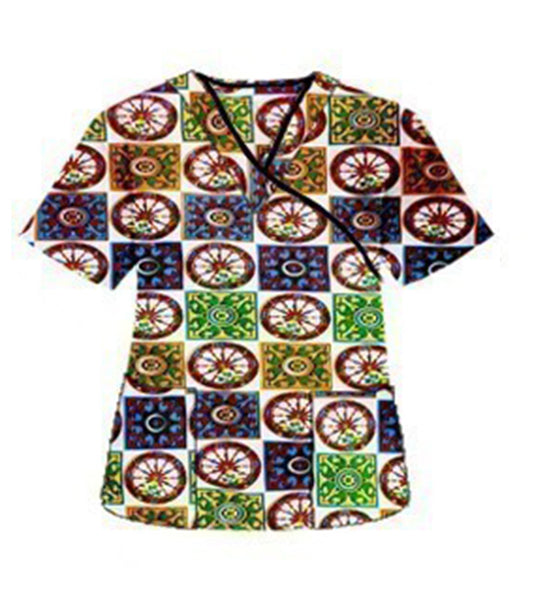 Poplin Women Red Wheel Print Scrub Top mock wrap 3 pocket half sleeve with black piping