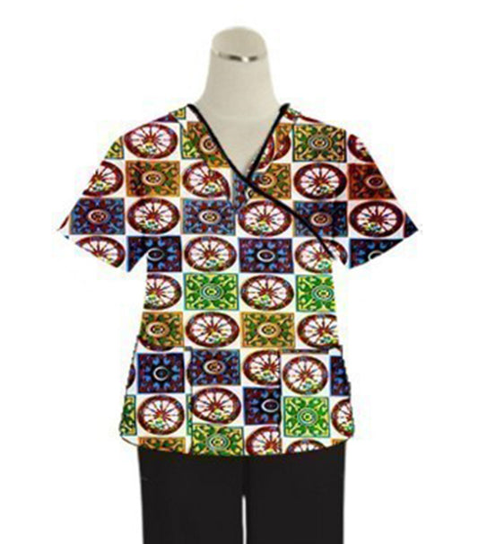 Red Wheel Print Scrub Set Mock Wrap With Black Piping 5 Pocket Half Sleeves (Top 3 Pockets With Bottom 2 Pockets Boot cut)