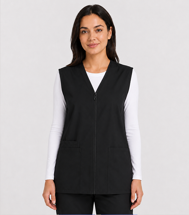 Poplin Scrub Jacket Vest (Sleeveless) 2 Pockets with Cell Phone Pocket Solid Ladies with Slit and Zipper Closure