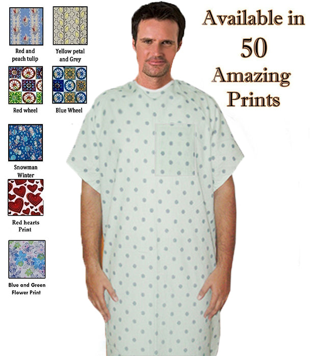 Printed Patient gown 1 chest pocket half sleeve back open with Black Piping, tie-able OR Velcro