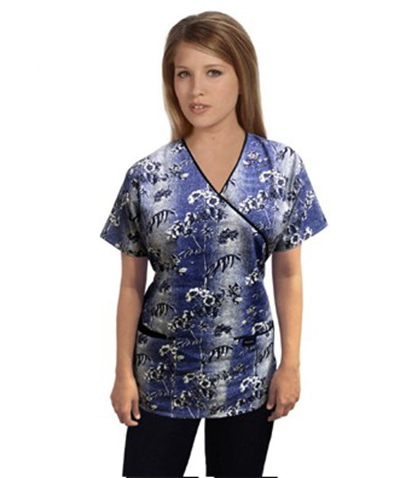Blue And White Flower Print Scrub Set Mock Wrap With Black Piping 5 Pocket Half Sleeves (Top 3 Pockets With Bottom 2 Pockets Boot cut)