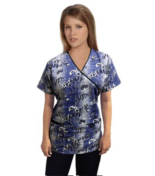 Blue And White Flower Print Scrub Set Mock Wrap With Black Piping 5 Pocket Half Sleeves (Top 3 Pockets With Bottom 2 Pockets Boot cut)