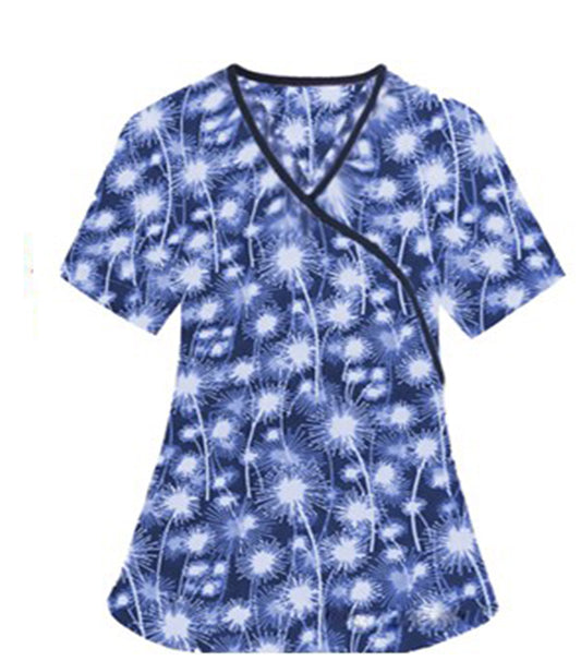 Poplin Women Blue Fire Work Print Scrub Top mock wrap 3 pocket half sleeve with black piping