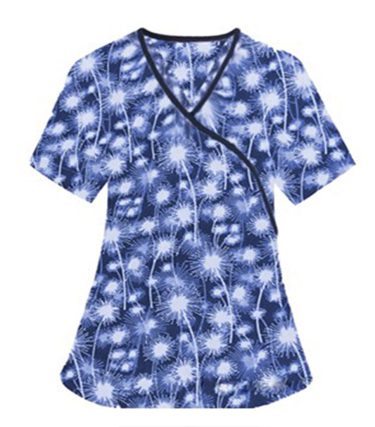 Blue Fire Work Print Scrub Set Mock Wrap With Black Piping 5 Pocket Half Sleeves (Top 3 Pockets With Bottom 2 Pockets Boot cut)