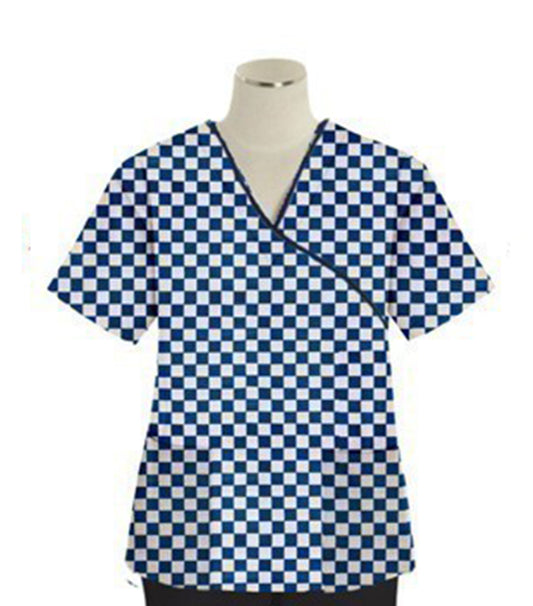 Poplin Women Blue Square Print Scrub Top mock wrap 3 pocket half sleeve with black piping