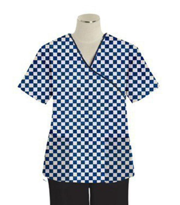 Blue Square Print Scrub Set Mock Wrap With Black Piping 5 Pocket Half Sleeves (Top 3 Pockets With Bottom 2 Pockets Boot cut)