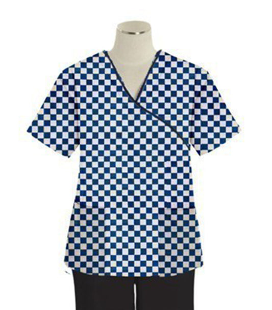 Blue Square Print Scrub Set Mock Wrap With Black Piping 5 Pocket Half Sleeves (Top 3 Pockets With Bottom 2 Pockets Boot cut)