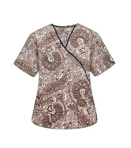 Brown Paisley Print Scrub Set Mock Wrap With Black Piping 5 Pocket Half Sleeves (Top 3 Pockets With Bottom 2 Pockets Boot cut)