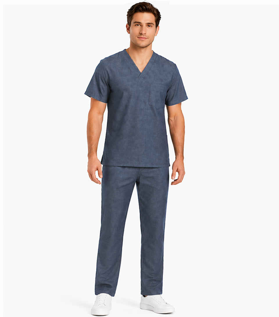 Denim scrub set 2 pocket normal half sleeve unisex solid (top 1 pocket with bottom 1 pocket)