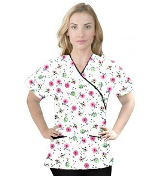 Poplin Women Cherry Blossom Print Scrub Top mock wrap 3 pocket half sleeve with black piping