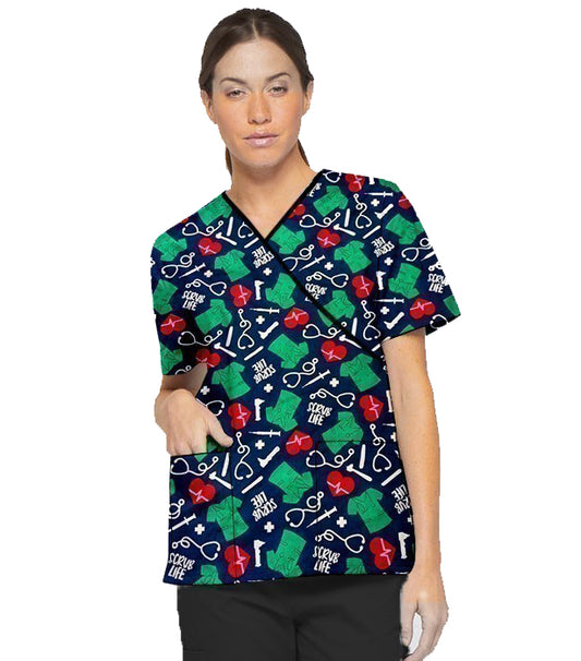 Scrub Life Print Scrub Set Mock Wrap With Black Piping 5 Pocket Half Sleeves (Top 3 Pockets With Bottom 2 Pockets Boot cut)