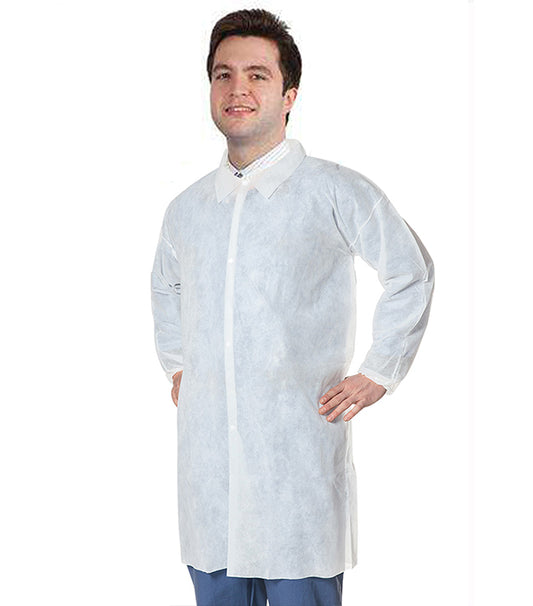 Disposable lab coat unisex full sleeve without pocket with front plastic snap buttons