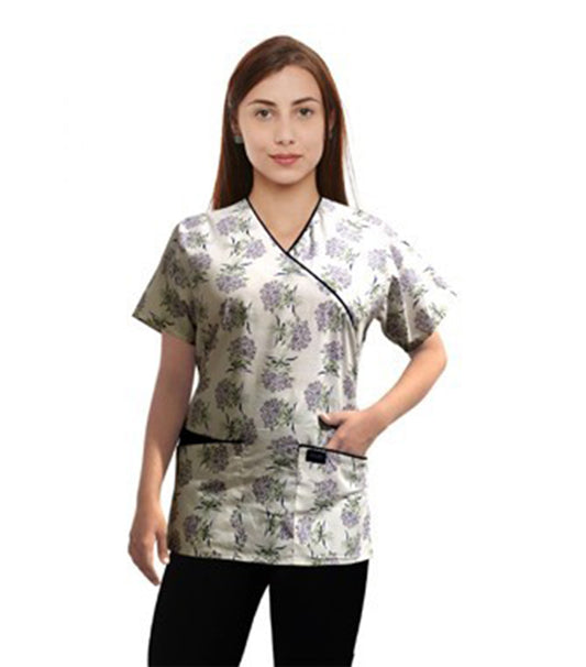 Poplin Women Flower Bouquet Print Scrub Top mock wrap 3 pocket half sleeve with black piping