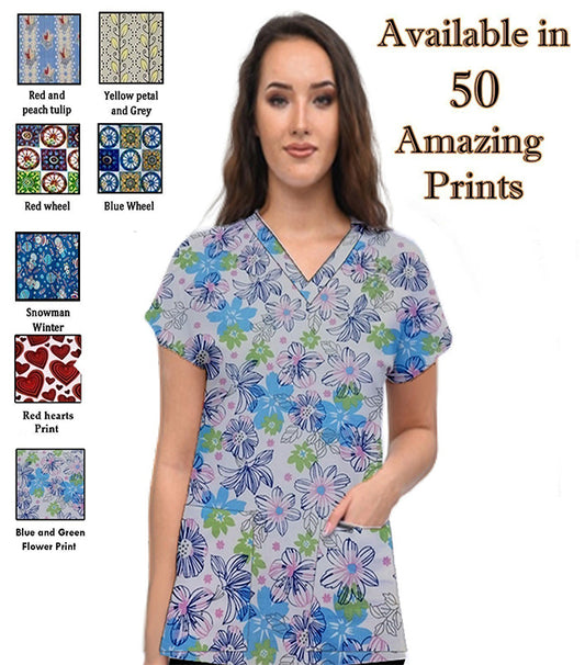 Woman's Printed Scrub Top v neck 2 pocket half Sleeve