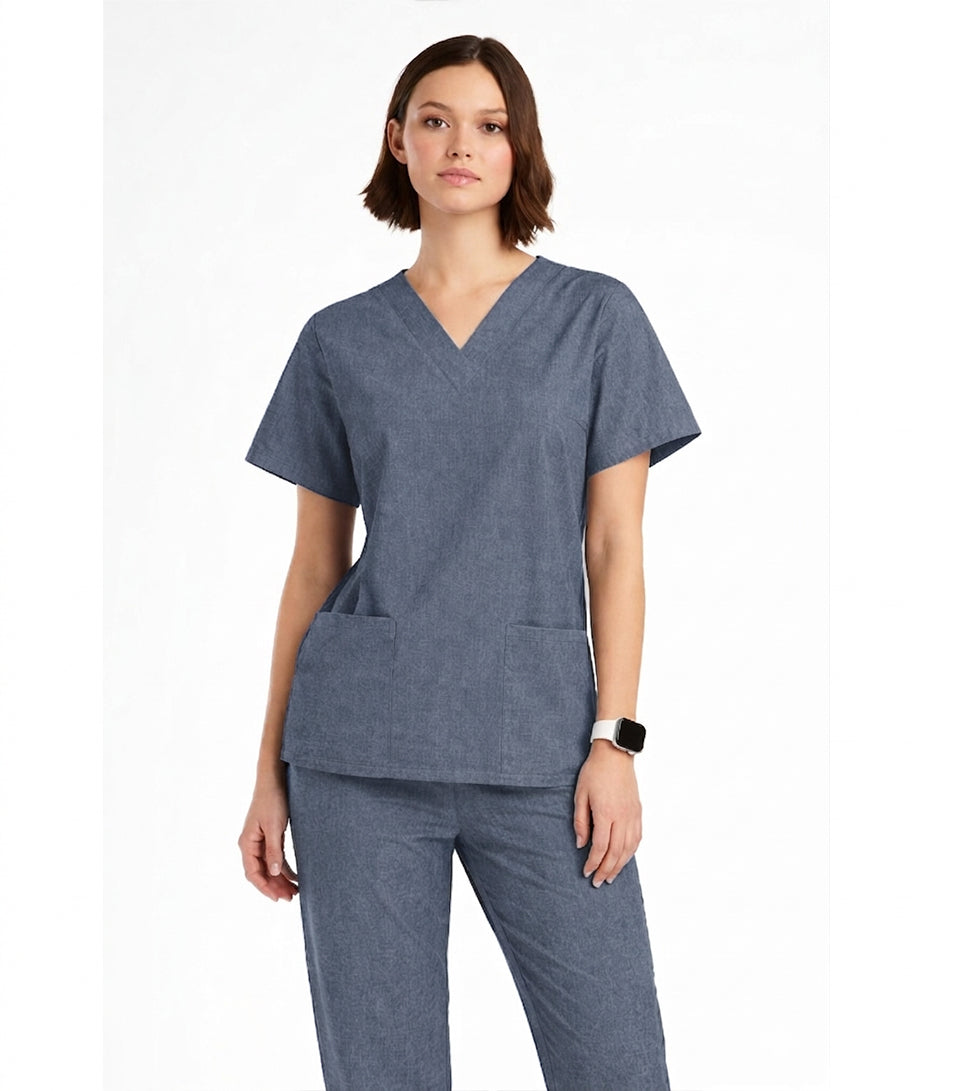 Denim scrub set 4 pocket solid half sleeve ladies (2 pocket top and 2 pocket pant)