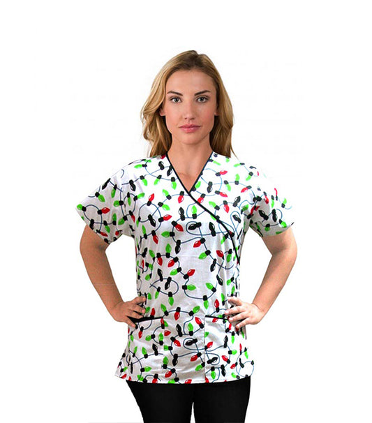 Light Print Scrub Set Mock Wrap With Black Piping 5 Pocket Half Sleeves (Top 3 Pockets With Bottom 2 Pockets Boot cut)