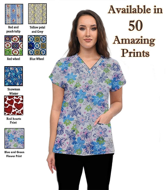 Printed Scrub Set Ladies 4 Pockets Half Sleeves (2 Pockets Top and 2 Pockets Pant)