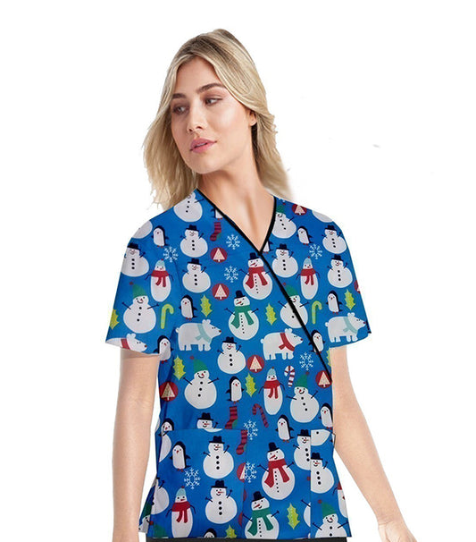 Interlock Stretch Women Snowman Print Scrub Top mock wrap 3 pocket half sleeve with black piping