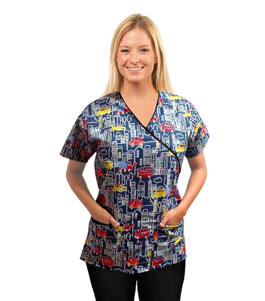 Poplin Women Building and bus print Scrub Top mock wrap 3 pocket half sleeve with black piping