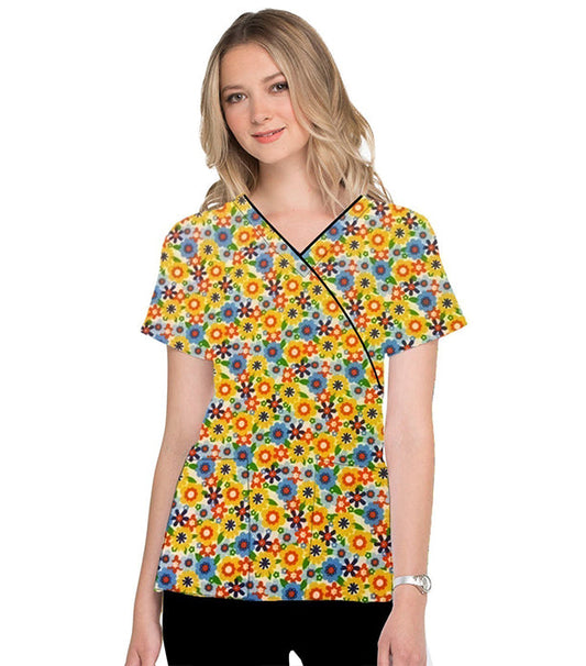 Blooming Flowers Print Scrub Set Mock Wrap With Black Piping 5 Pocket Half Sleeves (Top 3 Pockets With Bottom 2 Pockets Boot cut)