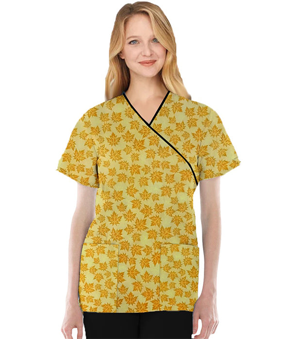 Yellow Petal Print Scrub Set Mock Wrap With Black Piping 5 Pocket Half Sleeves (Top 3 Pockets With Bottom 2 Pockets Boot cut)