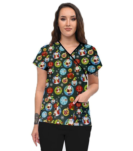 Interlock Stretch Santa and Penguin Print Scrub Set Mock Wrap With Black Piping 5 Pocket Half Sleeves (Top 3 Pockets With Bottom 2 Pockets Boot cut) (100% Polyester)