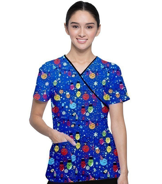 Interlock Stretch Women Happy Lights Print Scrub Top mock wrap 3 pocket half sleeve with black piping