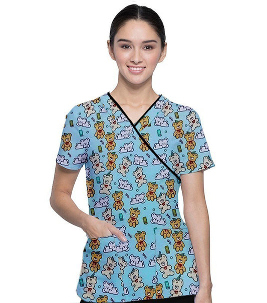 Interlock Stretch Women Baby Snuggle Buddies Print Scrub Top mock wrap 3 pocket half sleeve with black piping