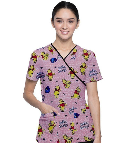 Interlock Stretch Women Pooh Print Scrub Top mock wrap 3 pocket half sleeve with black piping