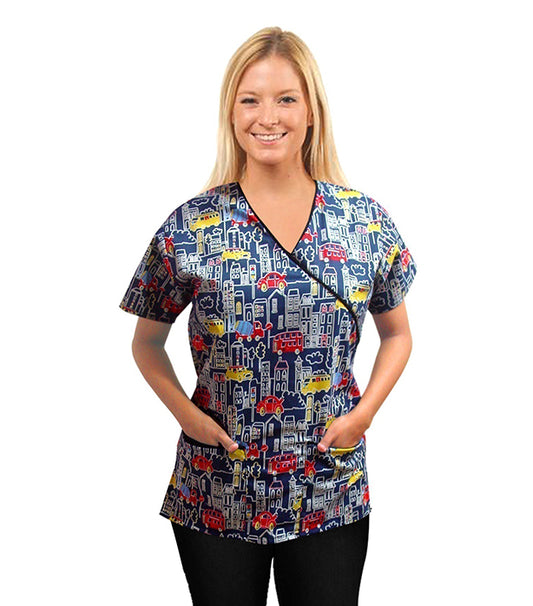Building and Bus Print Scrub Set Mock Wrap With Black Piping 5 Pocket Half Sleeves (Top 3 Pockets With Bottom 2 Pockets Boot cut)