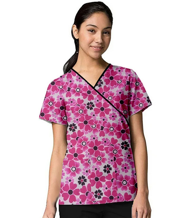 Pink Flowers Print Scrub Set Mock Wrap With Black Piping 5 Pocket Half Sleeves (Top 3 Pockets With Bottom 2 Pockets Boot cut)