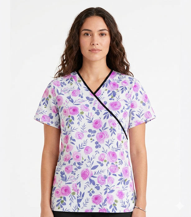 Poplin Women Blue Leaves and Pink Flower Print Scrub Top mock wrap 3 pocket half sleeve with black piping