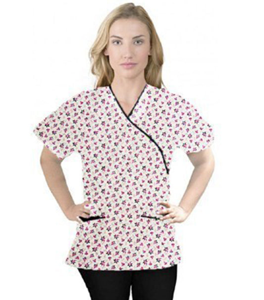 Poplin Women Pink and Black Flower Print Scrub Top mock wrap 3 pocket half sleeve with black piping