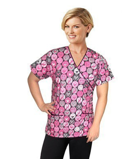 Poplin Women Pink Ribbon Print Scrub Top mock wrap 3 pocket half sleeve with black piping