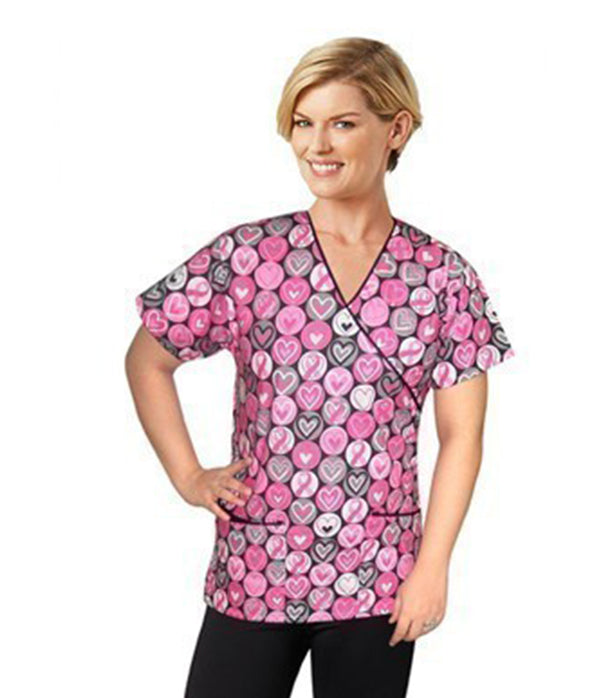 Pink Ribbon Print Scrub Set Mock Wrap With Black Piping 5 Pocket Half Sleeves (Top 3 Pockets With Bottom 2 Pockets Boot cut) (Copy)