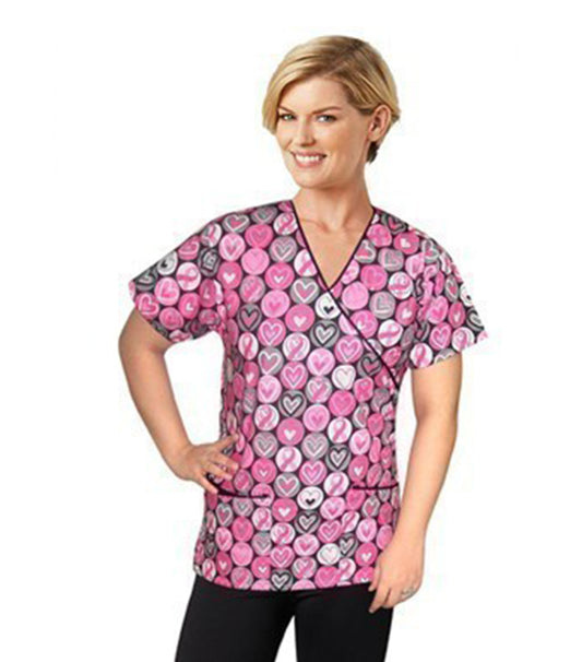 Pink Ribbon Print Scrub Set Mock Wrap With Black Piping 5 Pocket Half Sleeves (Top 3 Pockets With Bottom 2 Pockets Boot cut) (Copy)