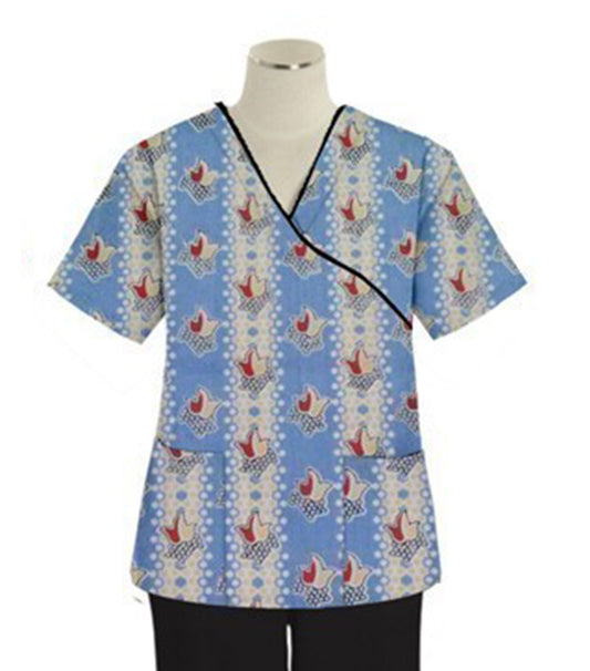 Poplin Women Red and Peach Tulip Print Scrub Top mock wrap 3 pocket half sleeve with black piping