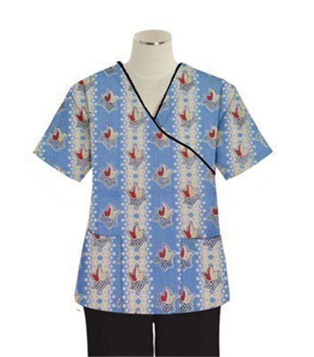 Red And Peach Tulip Print Scrub Set Mock Wrap With Black Piping 5 Pocket Half Sleeves (Top 3 Pockets With Bottom 2 Pockets Boot cut)