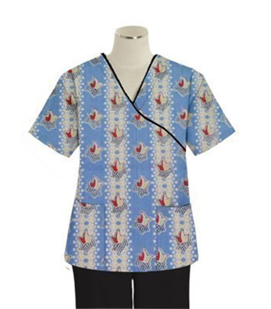 Red And Peach Tulip Print Scrub Set Mock Wrap With Black Piping 5 Pocket Half Sleeves (Top 3 Pockets With Bottom 2 Pockets Boot cut)