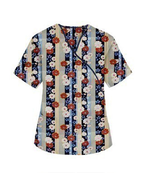 Poplin Women Red and Beige flowers with blue background Print Scrub Top mock wrap 3 pocket half sleeve with black piping