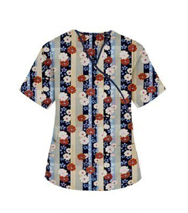 Red and Beige Flowers with Blue Background Print Scrub Set Mock Wrap With Black Piping 5 Pocket Half Sleeves (Top 3 Pockets With Bottom 2 Pockets Boot cut)