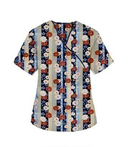 Red and Beige Flowers with Blue Background Print Scrub Set Mock Wrap With Black Piping 5 Pocket Half Sleeves (Top 3 Pockets With Bottom 2 Pockets Boot cut)